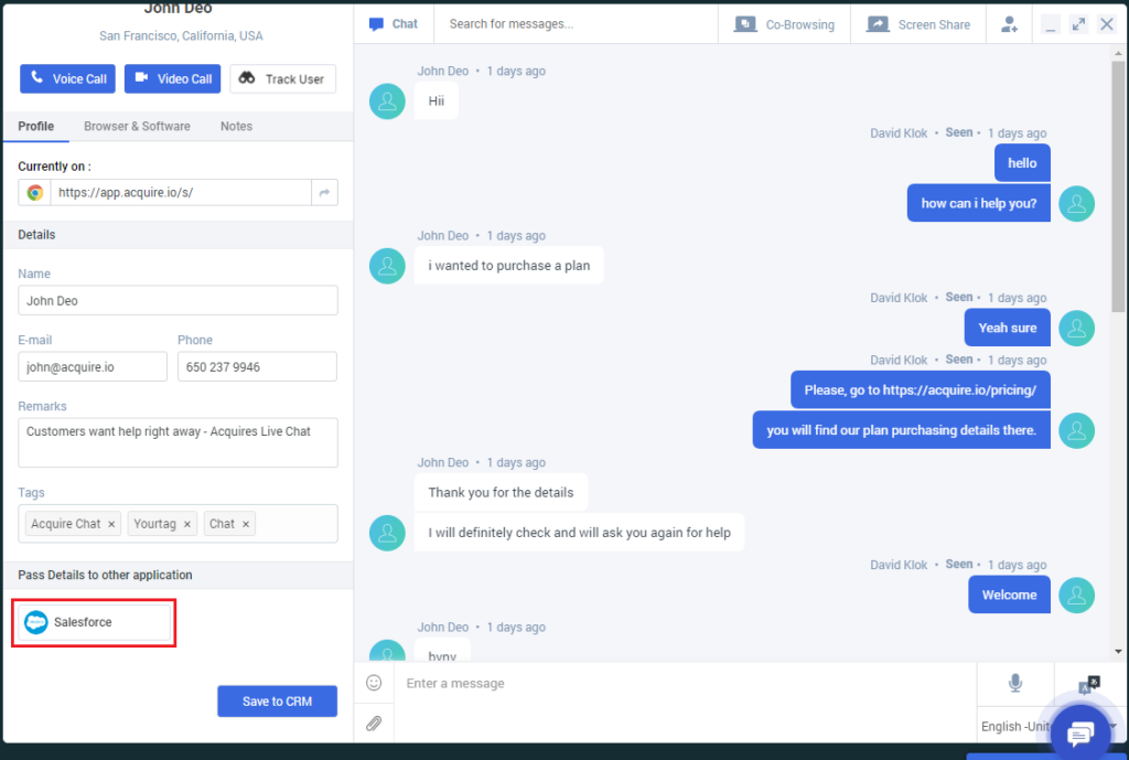 acuire.io chat view
