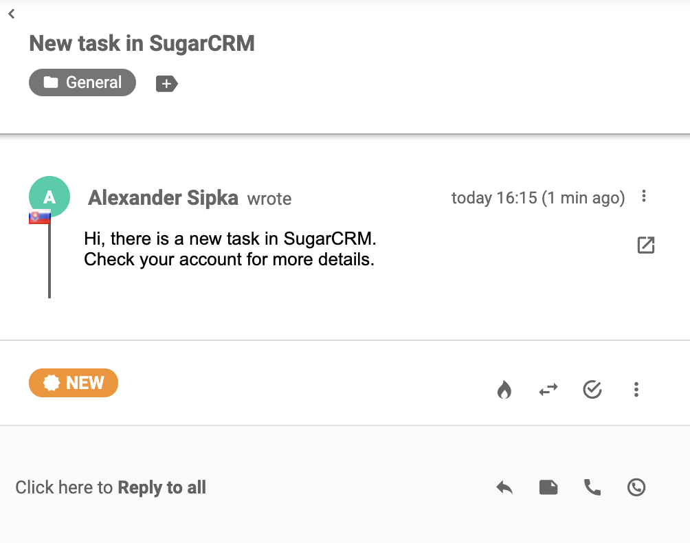 A ticket that arrived into LiveAgent after successful integration with SugarCRM