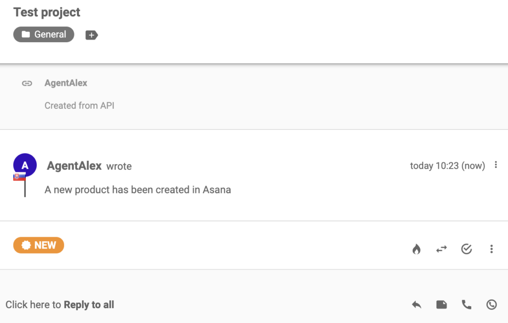 New Asana project has been created and message delivered into LiveAgent ticketing system