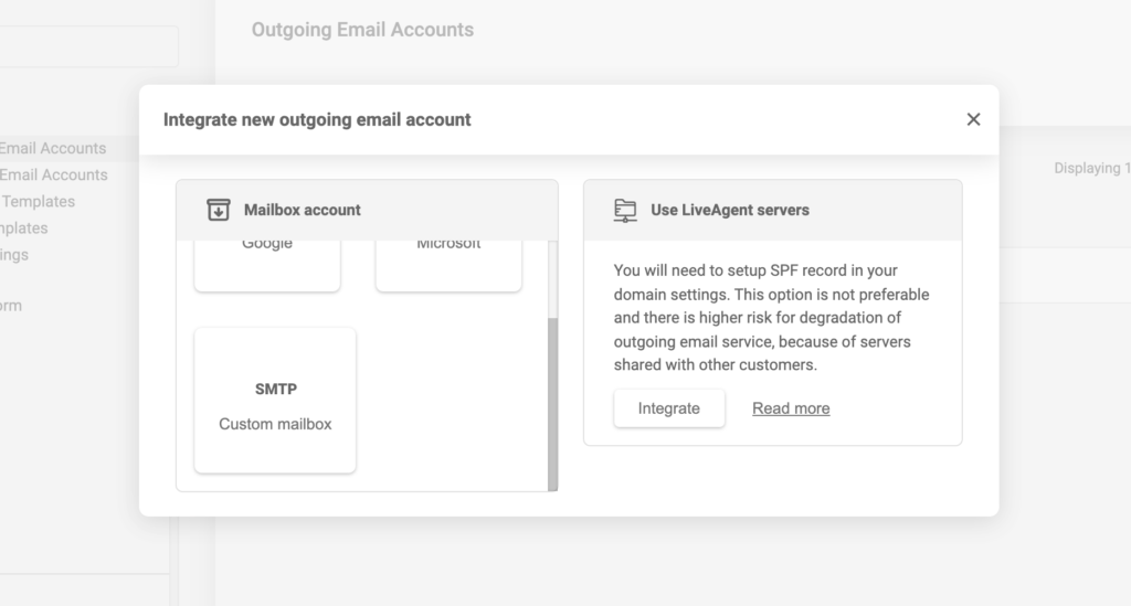 Email integration with various email providers in LiveAgent