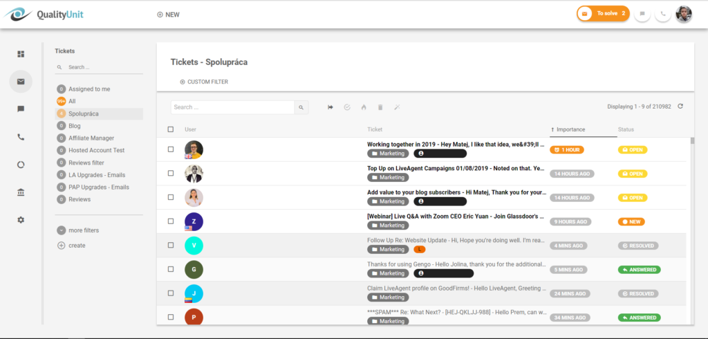 LiveAgent - material theme tickets overview