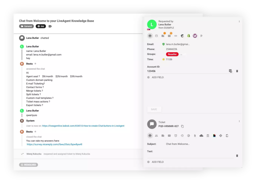 LiveAgent’s hybrid ticket stream feature, adding messages from different communication channels to the original ticket