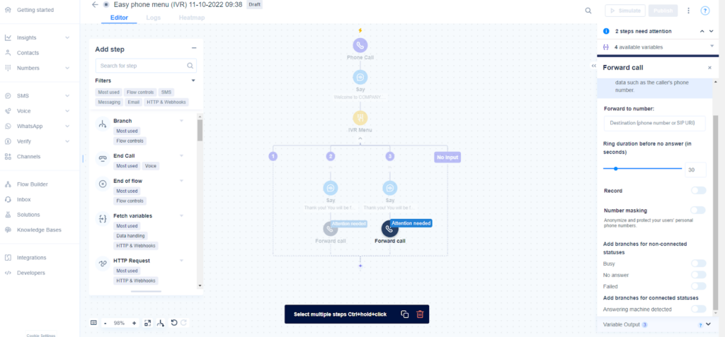 MessageBird IVR configuration options