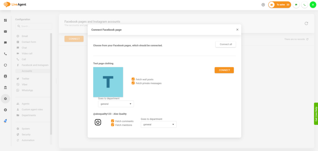 LiveAgent - connect Instagram to you Facebok
