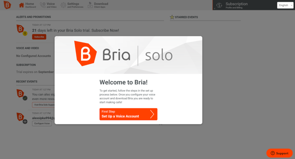 Welcome screen to Bria softphone app