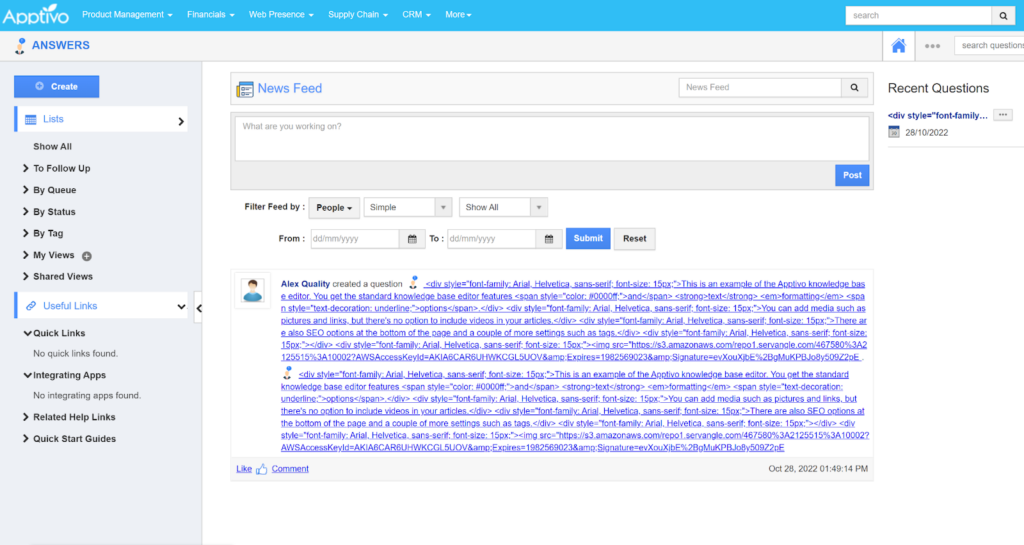 Apptivo - View of created question