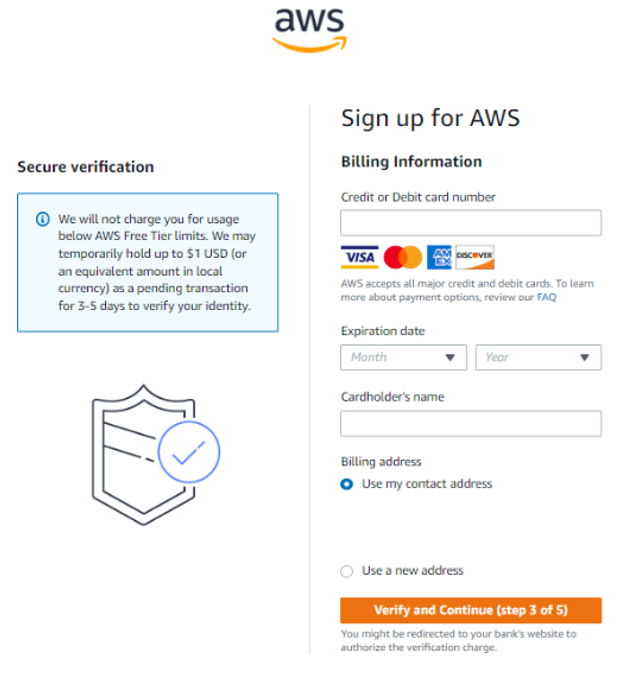 AWS Sign up - billing information