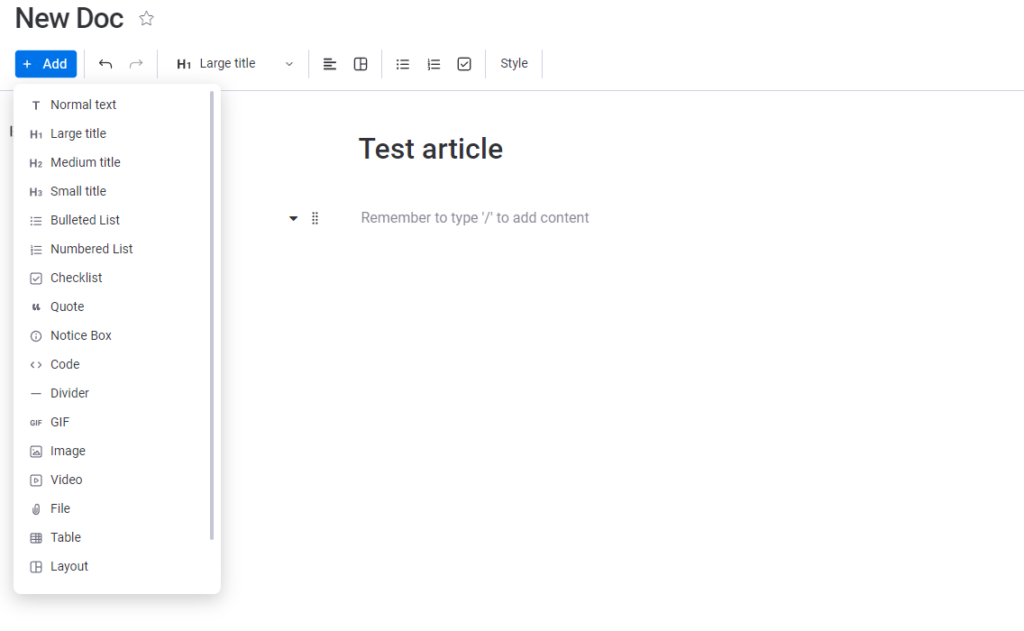Elements you can add to your doc in monday.com knowledge base