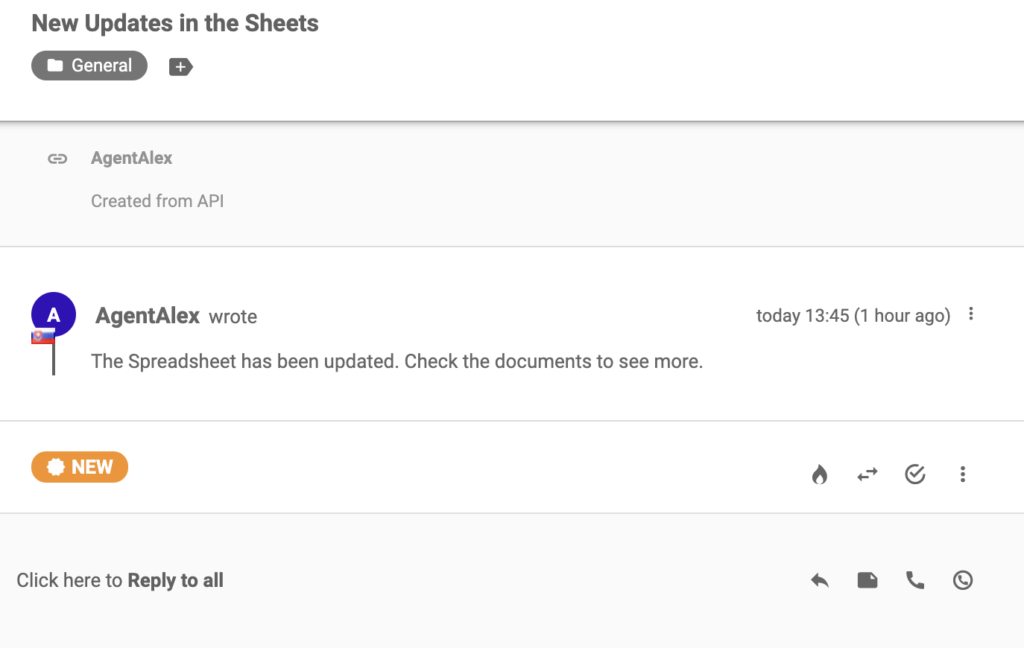 A new ticket that arrived into the ticketing system after successful integration with Google Forms