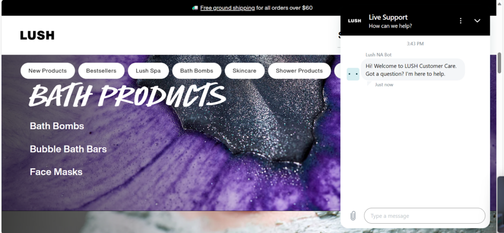 Example of live chat on Lush website