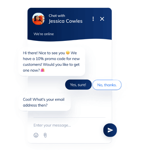 Live chat interface offering a promo code and requesting user's email.