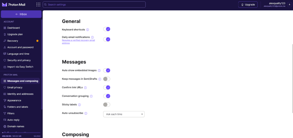 Proton Mail - messages and composing settings
