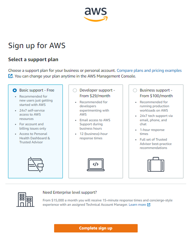 AWS Sign up - choosing a support plan