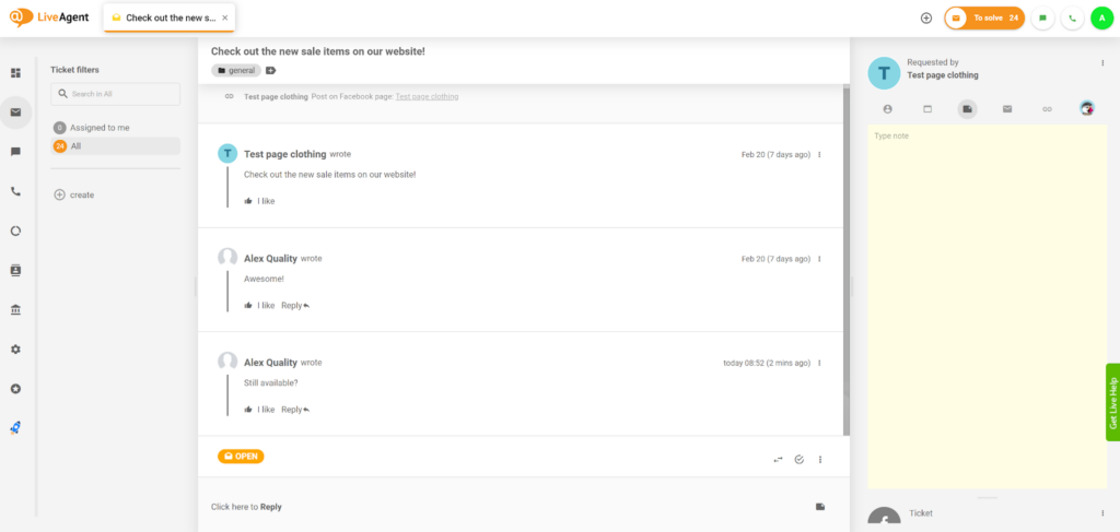 LiveAgent - Faceebok comment shown in universal inbox