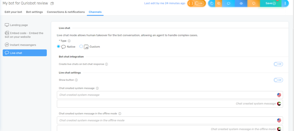 Quriobot - live chat settings