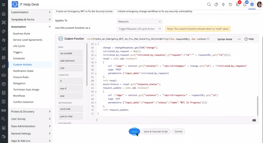 Unique custom function feature of ManageEngine ServiceDesk Plus, remarkable Servicenow alternative
