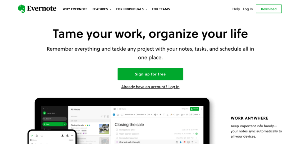 Evernote homepage