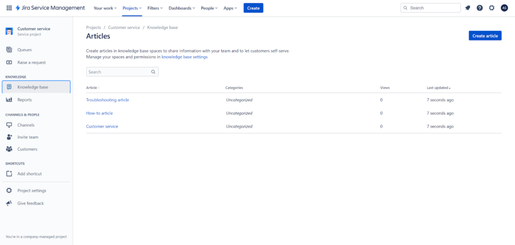 Jira Service Management - Knowledge base articles