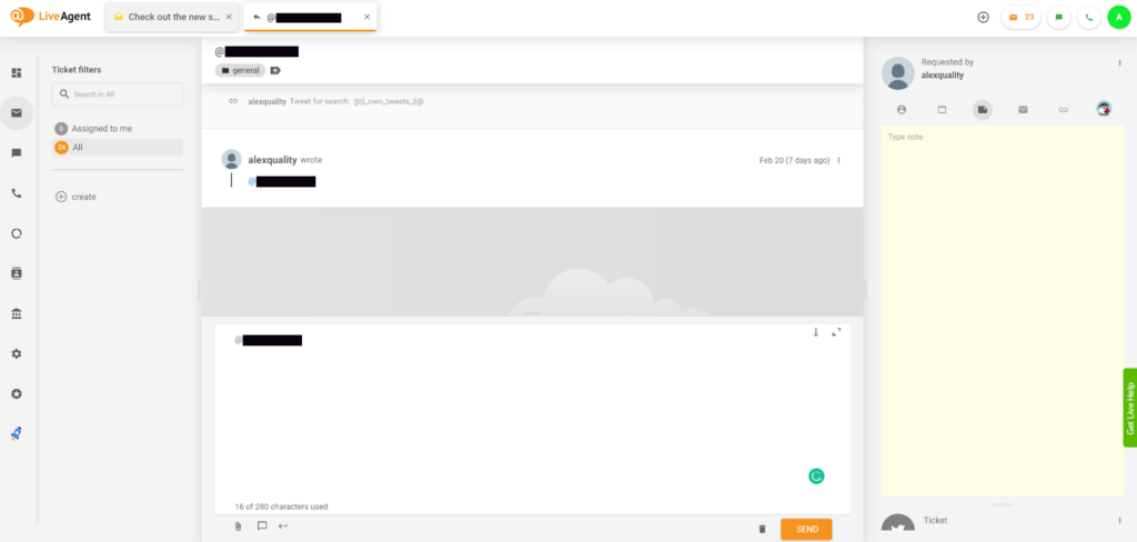 LiveAgent - tweet shown in universal inbox