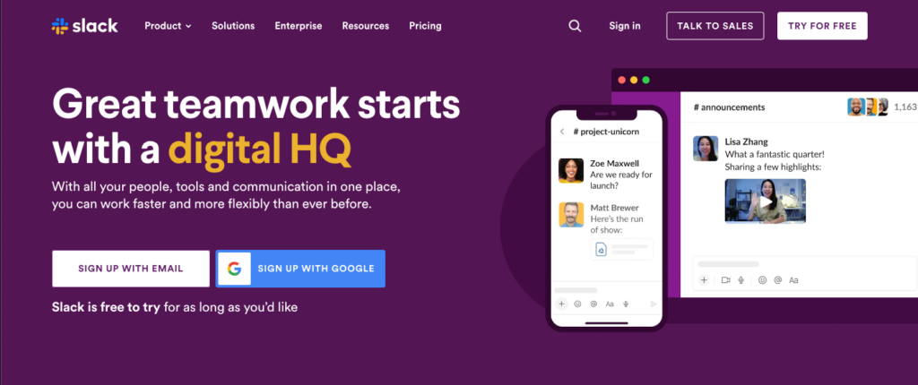 Slack homepage