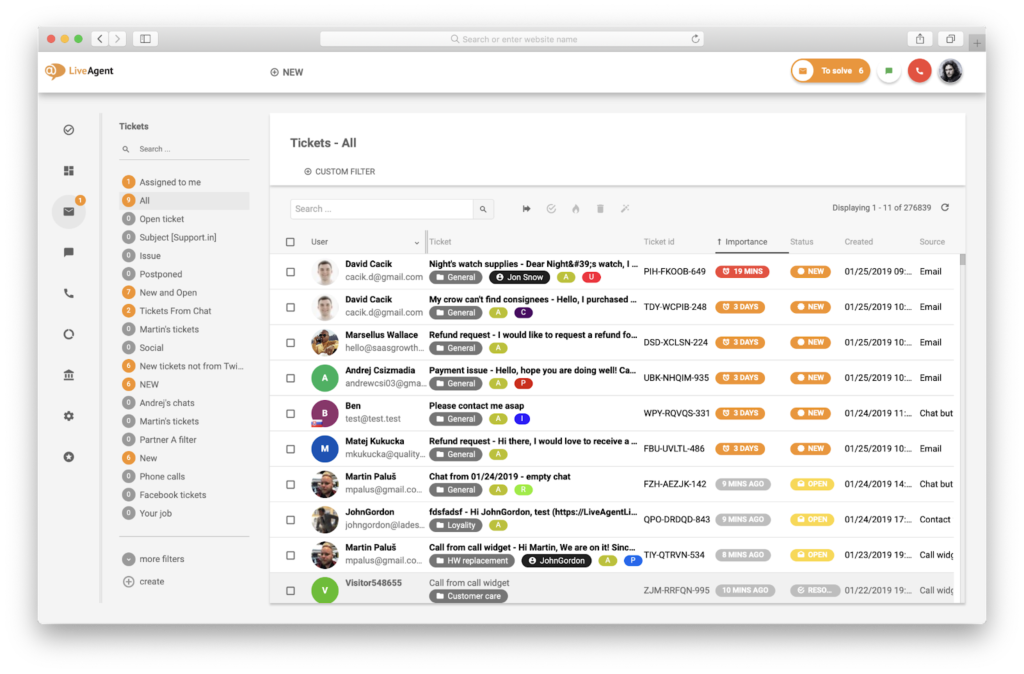 LiveAgent's inbox all tickets preview