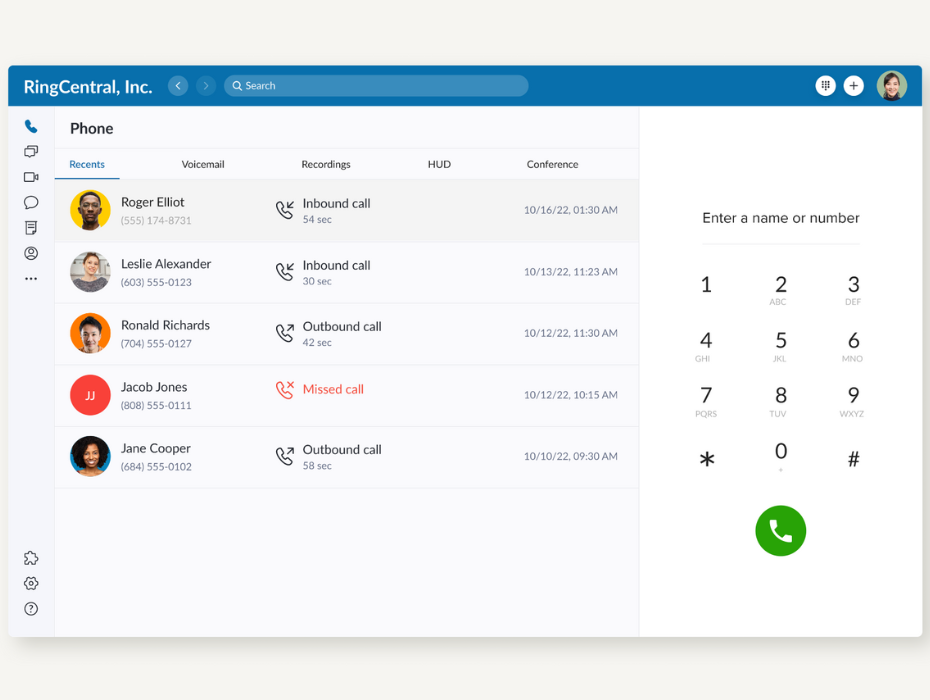 RingCentral user interface 