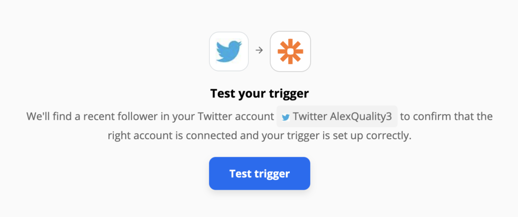 Twitter trigger test in the integration setup on Zapier