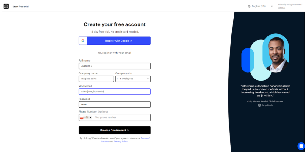 Intercom - account creation