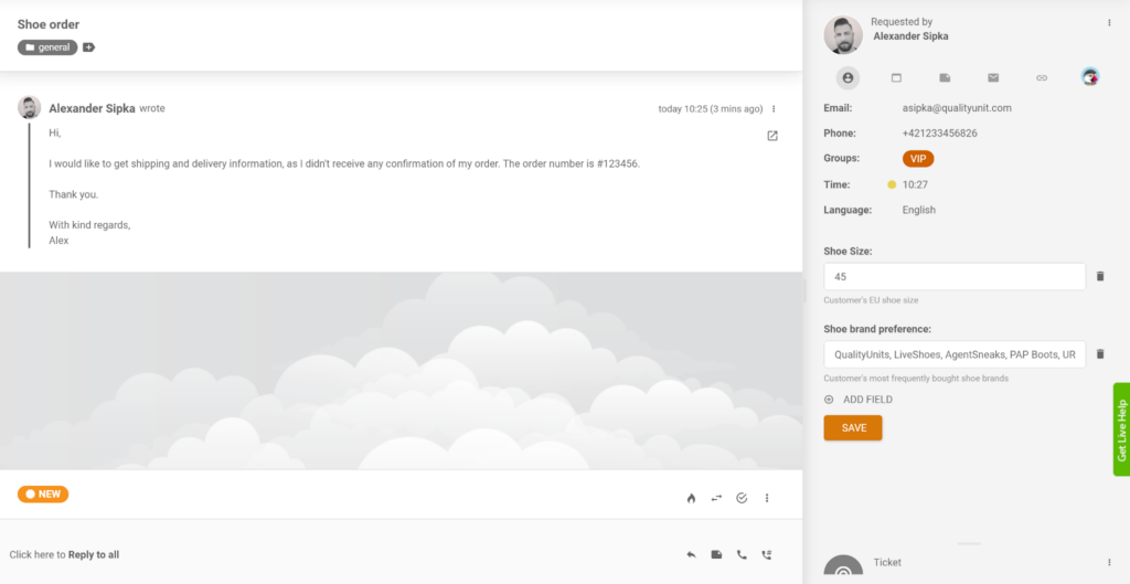 Customizable Ticket fields function, displaying additional information about the customer request