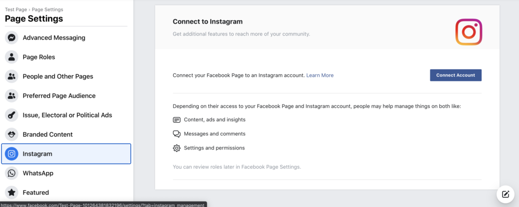 Instagram settings on Facebook, connecting an Instagram page to your Facebook page