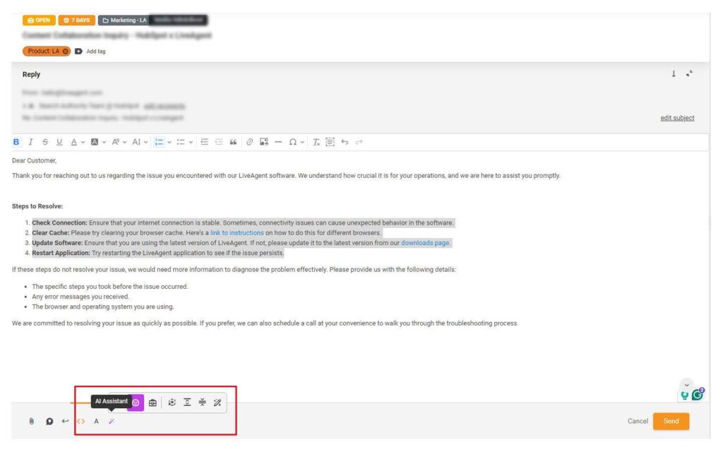 LiveAgent’s AI answer assistant