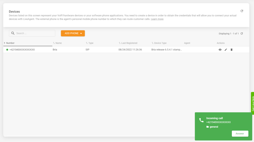 Bria softphone in LiveAgent app