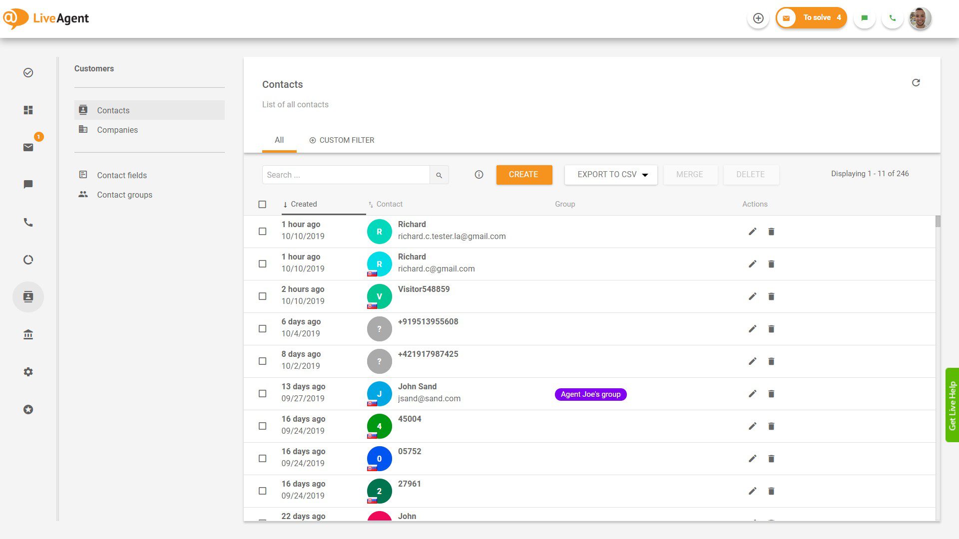 Overview of contacts in LiveAgent