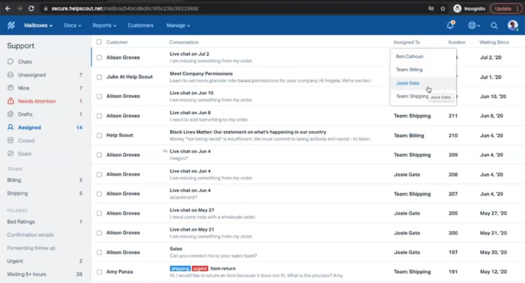 Interface view of HelpScout, Servicenow competitor