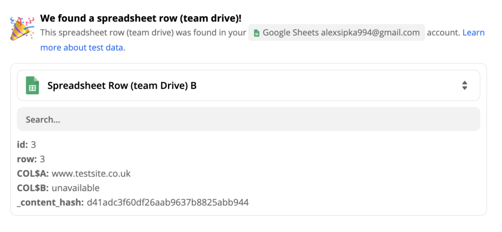 A successful test of a Google Sheets trigger
