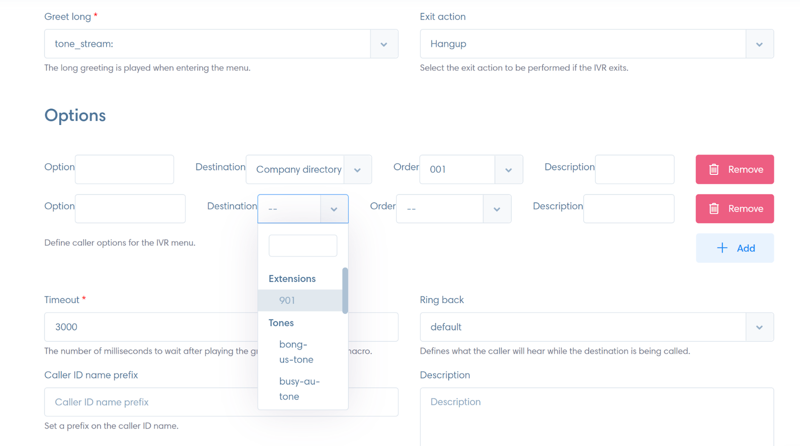 Kavkom IVR settings options
