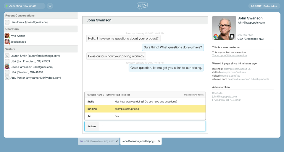 olark - live chat UI of recent conversations