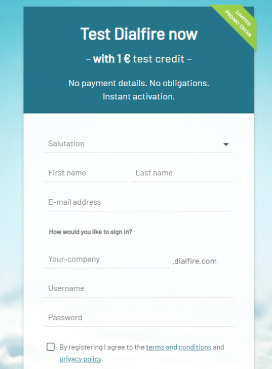 Dialfire - sign up section