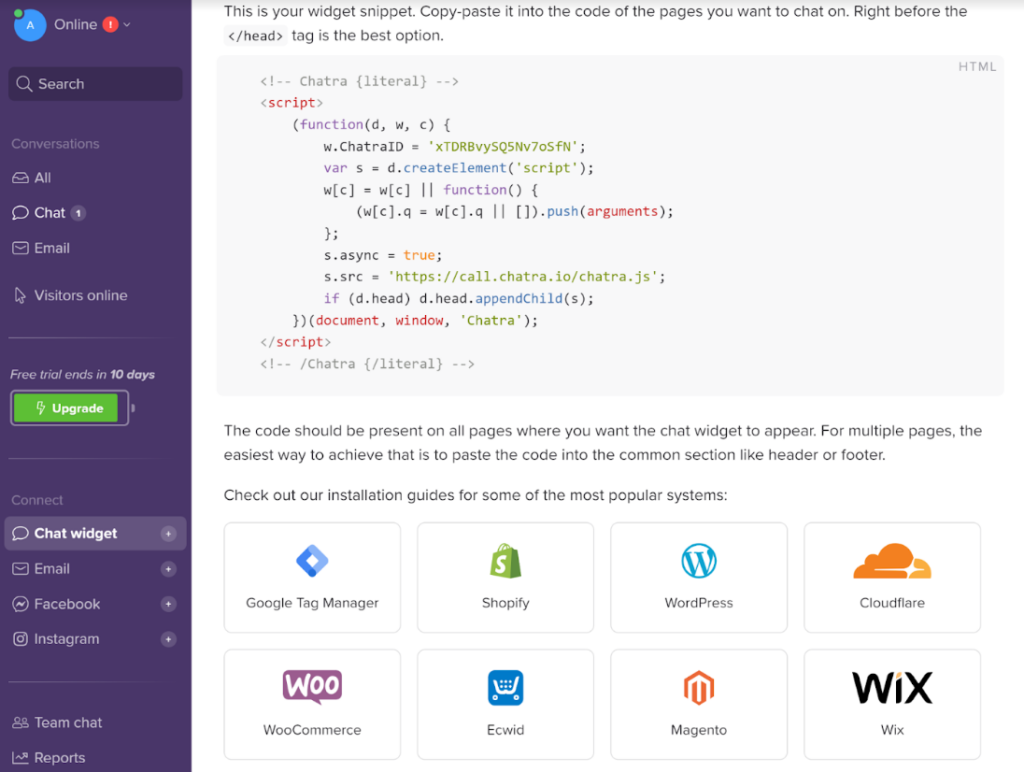 Chatra live chat integration