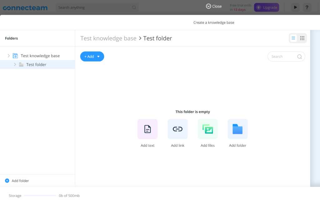 Create folder for you knowledge base article in Connecteam