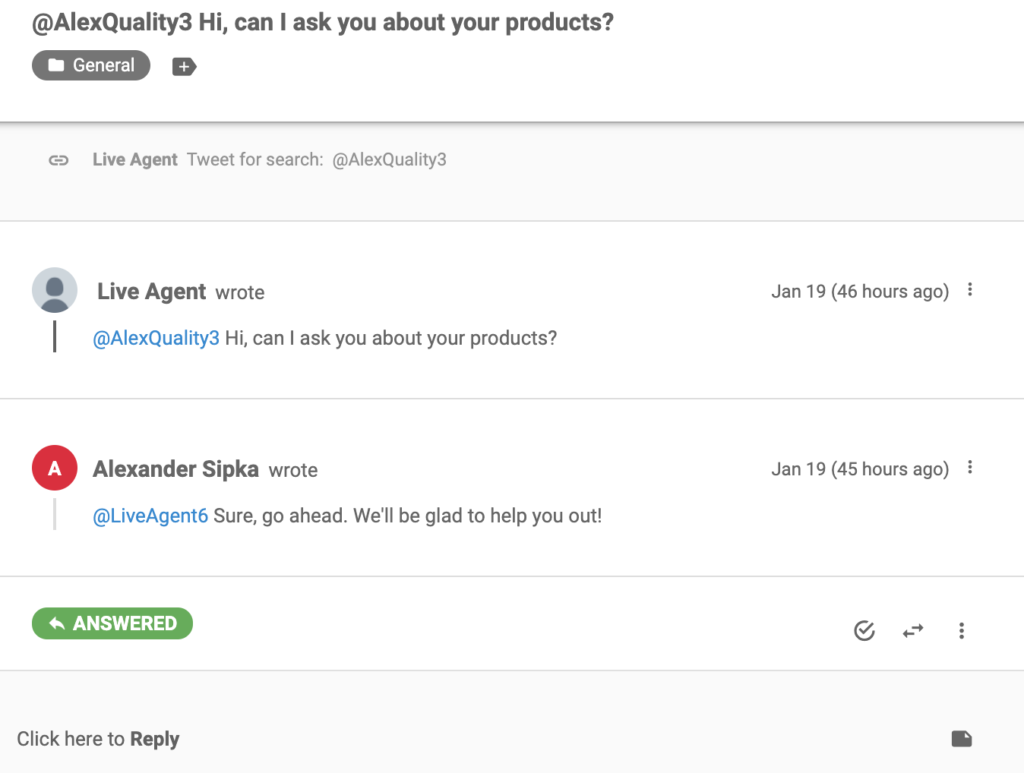 A tweet has been exported to LiveAgent as a ticket