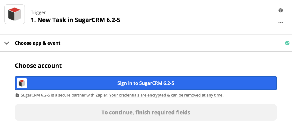 SugerCRM trigger setup in Zapier integration
