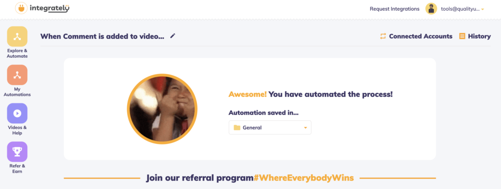 A completed process of integration between Youtube and LiveAgent with Integrately
