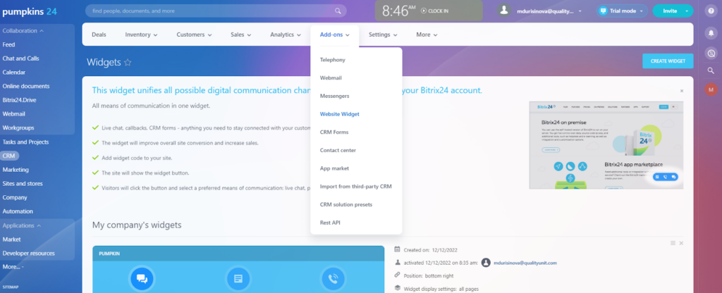 Adding website widget in Bitrix24