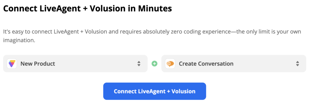 Volusion trigger New Product and LiveAgent action Create Conversation selected in Zapier