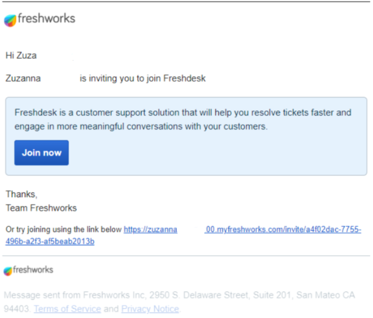 Freshdesk - invitation email