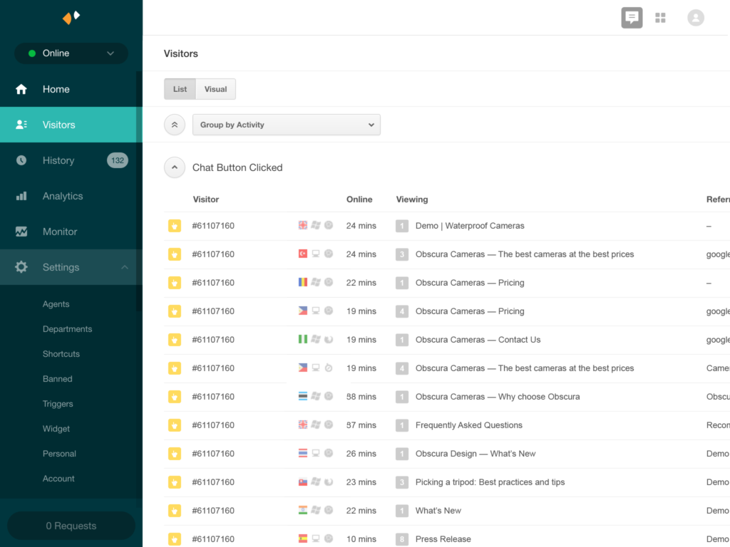 Zendesk Chat - visitors settings & overview