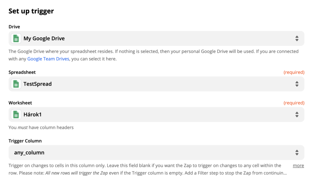 Google Sheets trigger setup options and fields