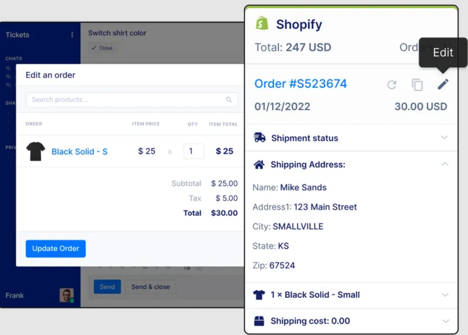 Image of the integration between Shopify and Gorgias that shows details such as order number, customer's name, shipping address, ordered items and more.