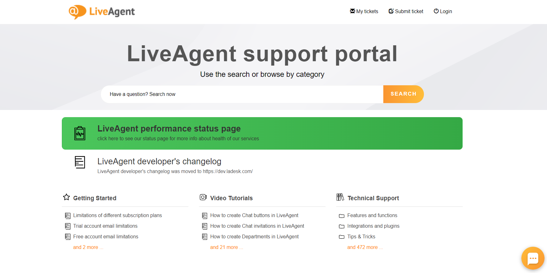 Image of the LiveAgent customer portal with articles organized based on different categories
